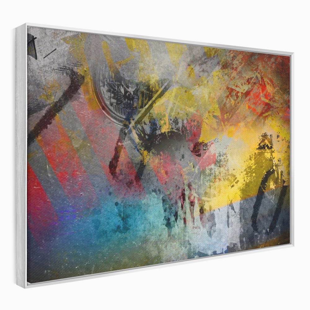 Tablou canvas cu pictura abstracta cu pete vibrante, in rama de aluminiu argintiu
